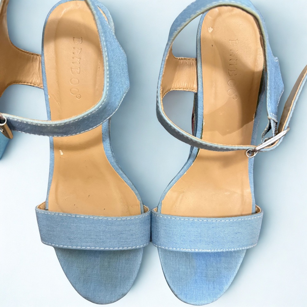 Bamboo Pop Art Womens Denim Patch Platform Wedge‎ Sandals Blue Bomb Heart Size 6 - Picture 4 of 6